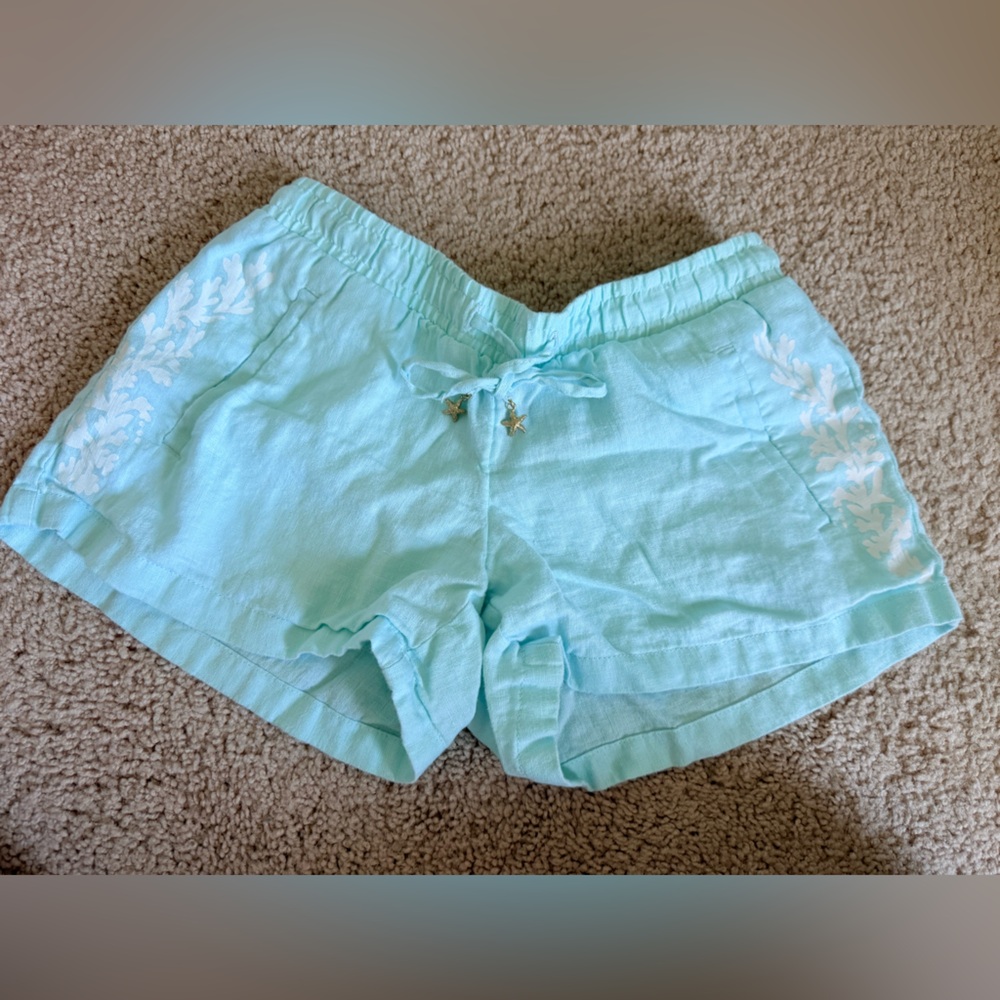 Lilly Pulitzer Bay Breeze Aqua Linen Tie Shorts with Gold Starfish